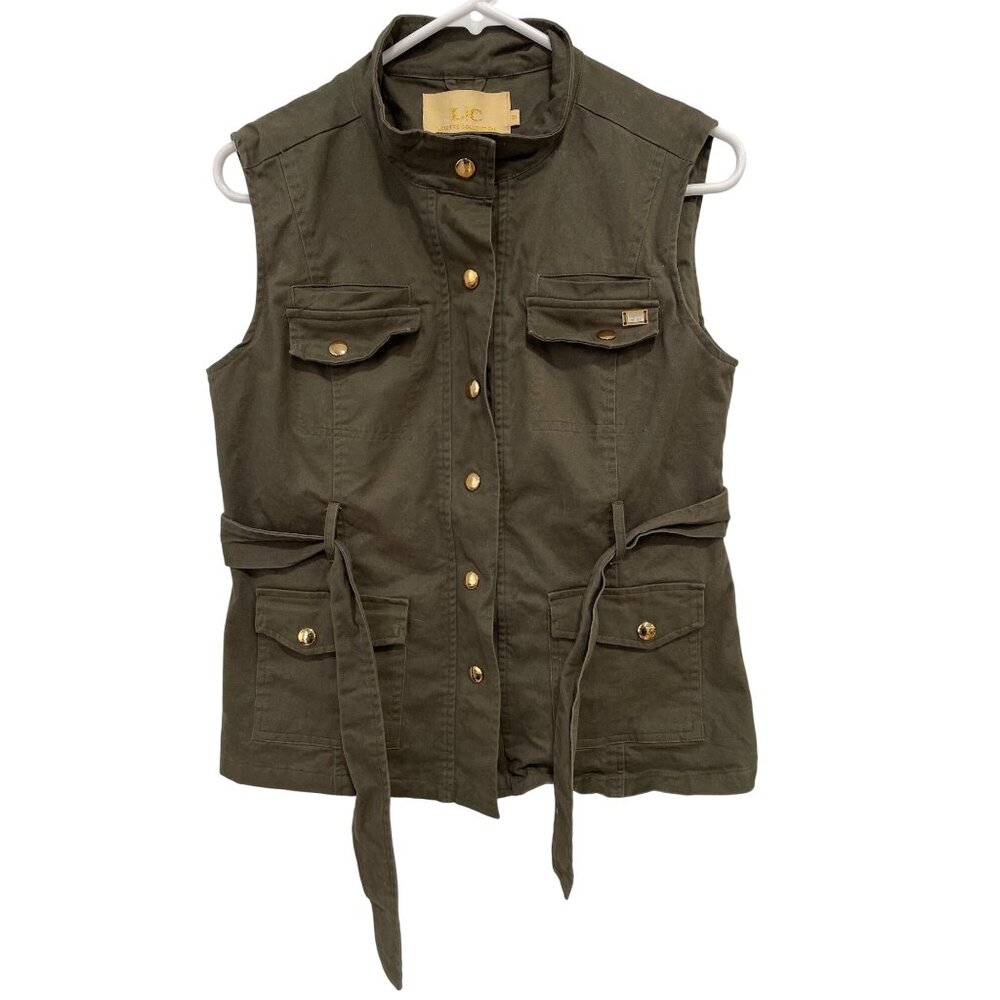 Lizette Collection Utility Vest Size Medium Snap Front Belted Olive Green Work